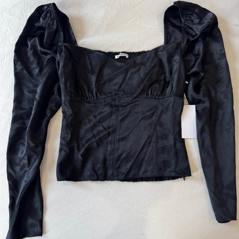 Reformation black silky top with ruched back